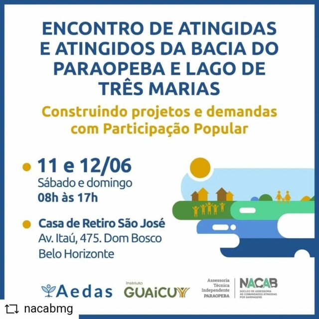 Por  @nacabmg 

 🗓️ No próximo final de semana, dias 11 e 12 de junho, será realizado o Encontro de Atingidas e Atingidos da Bacia do Paraopeba e Lago de Três Marias, organizado pelas Assessorias Técnicas Independentes (ATIs) Nacab, @aedas e @institutoguaicuy. A atividade acontece na Casa de Retiro São José, em Belo Horizonte. 
 
🫱🏿‍🫲🏾 Este será mais um passo importante na construção da proposta de gestão de demandas, crédito e microcrédito para o Anexo 1.1 do Acordo Judicial, que prevê a aplicação de R$ 3 bilhões para a recuperação socioeconômica dos territórios.
 
👩🏻‍🤝‍👨🏽👭🏿 Comparecerão ao evento representantes das pessoas atingidas indicados pelas próprias comissões, que estão distribuídas ao longo dos 26 municípios afetados pelo rompimento da barragem da Vale em Brumadinho.
 
👉🏻 O propósito é contextualizar os debates consolidados sobre a governança popular e avançar para construir a proposta de gestão participativa para o Anexo 1.1. 
 
📲 Acompanhe as redes @nacabmg e fique por dentro!